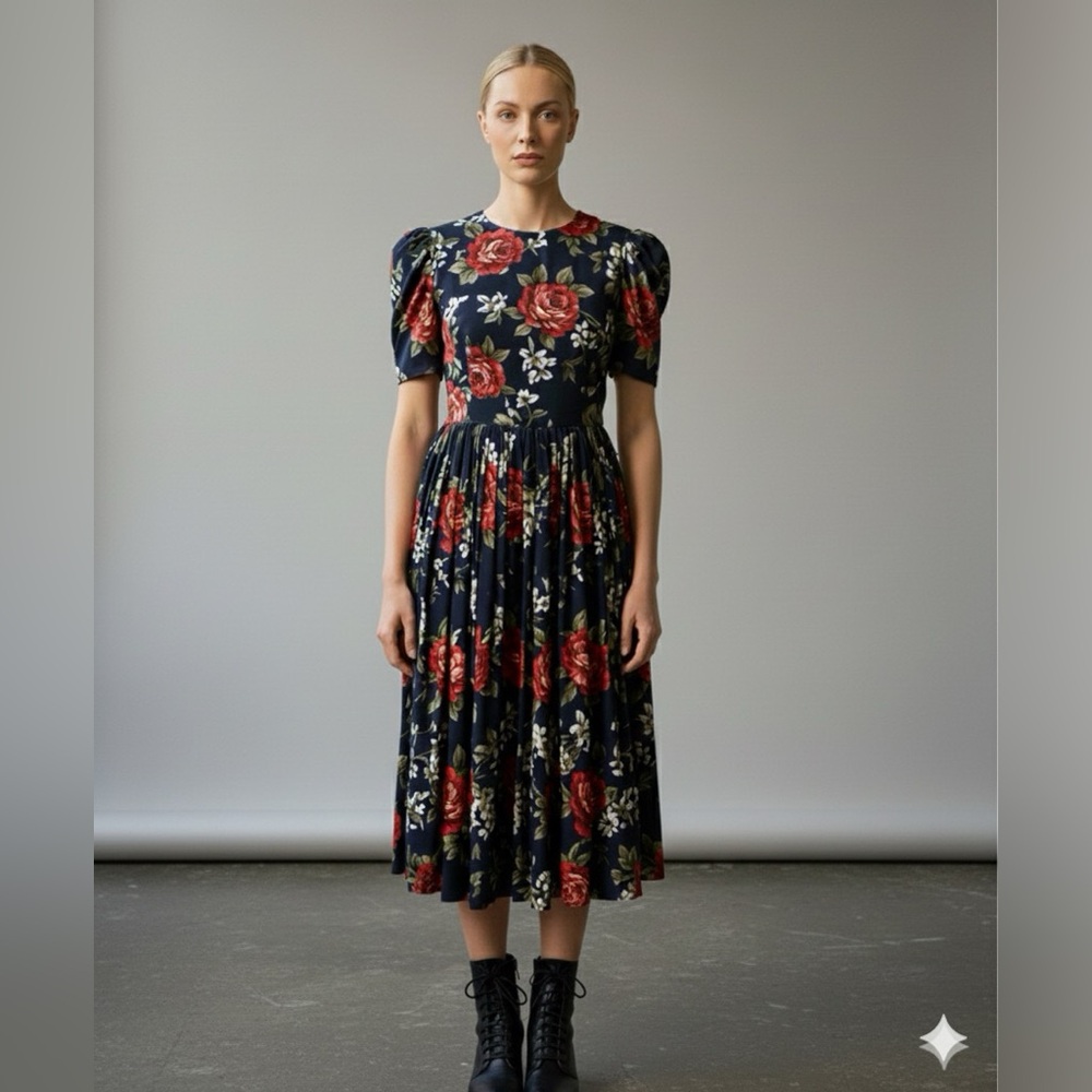 Vintage Michaels Navy and Red Floral Maxi Dress